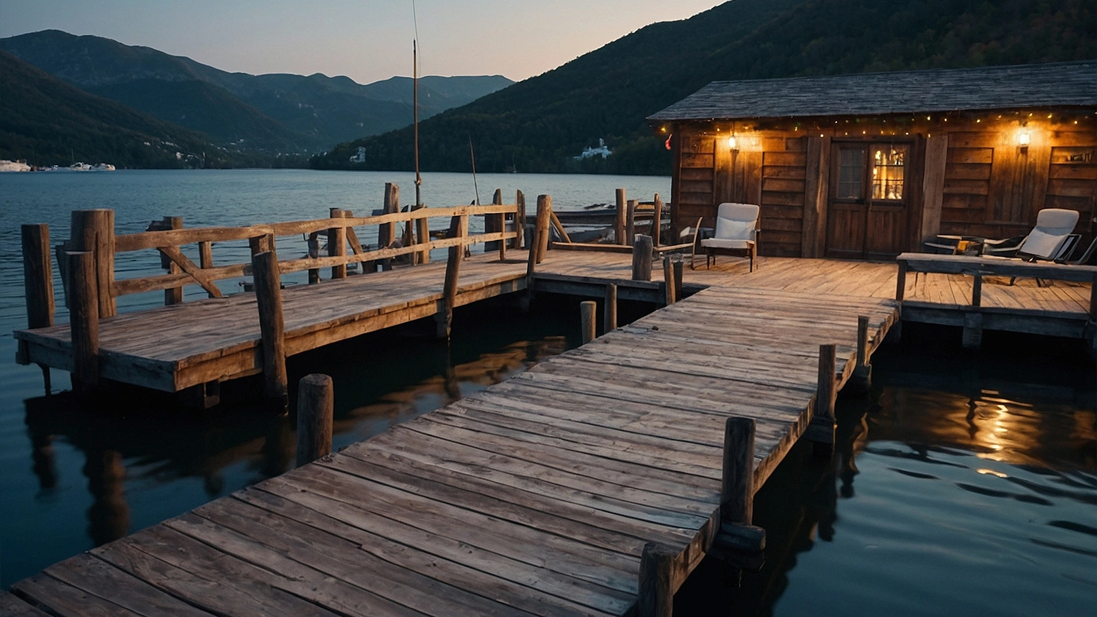 Wooden deck patio overlooking lake house property in British Columbia